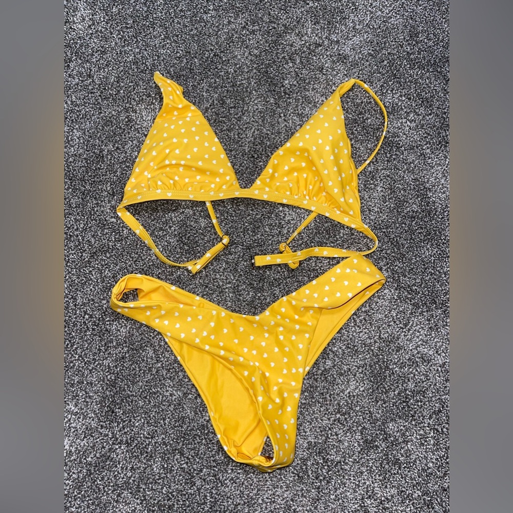 Zahara Bathing Suit bikini yellow white heart dots Large NWOT